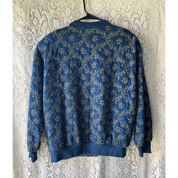 Vtg Lady Graff Petite Blue Jacket Gold Roses Padded Shoulders Large Made in USA - Picture 7 of 7